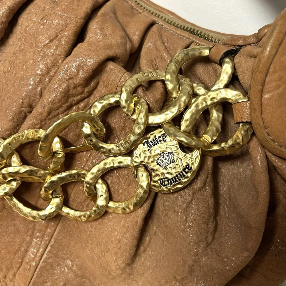 Vtg Y2k Juicy Couture Brown Leather Bag Slouchy Hobo Chunky Gold Chain Boho